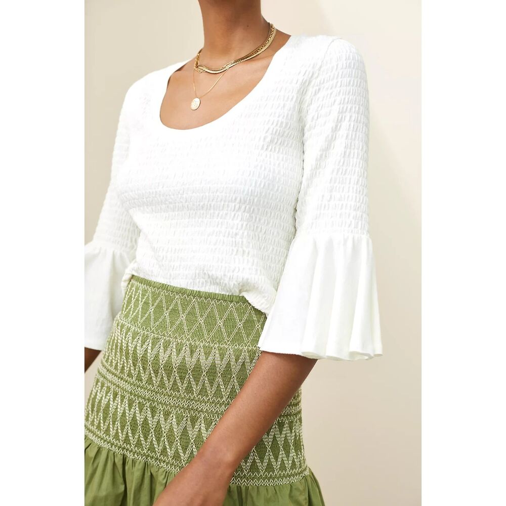 NWT Anthropologie Ivory Smocked Bell-Sleeve Top Women's Size XS